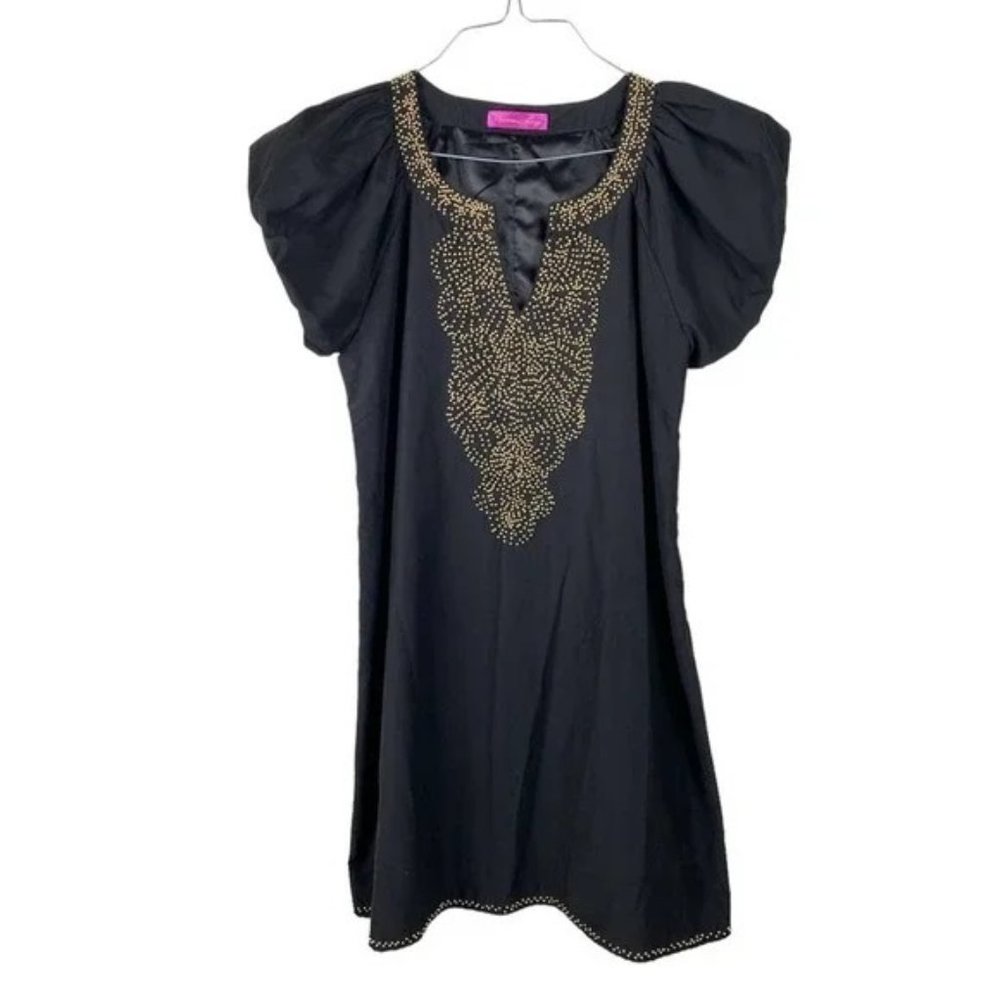 Narciso Lang Beaded A-line Puff Sleeve Mini Dress in Black Sz L NWT